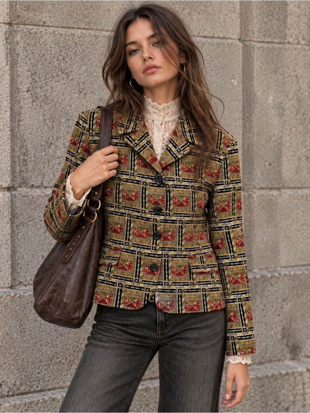 Vintage Harve Bernard Velour Blazer 90s Geometric Tapestry Boho Jacket L